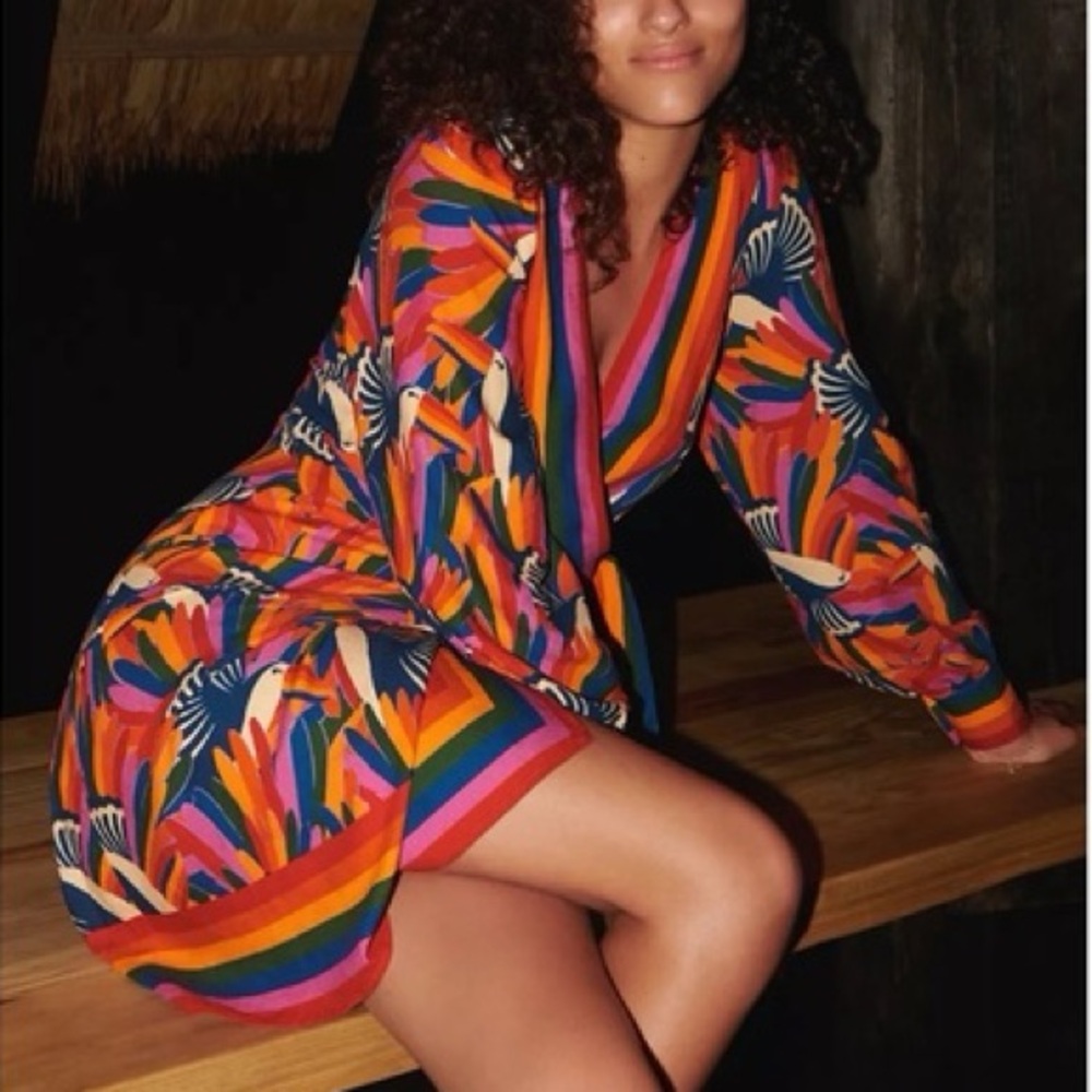 Anthro x Farm Rio Rainbow Toucan Wrap Dress